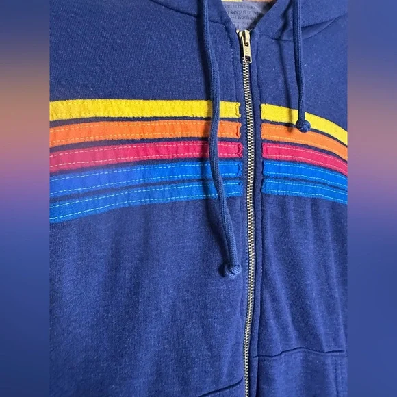 Aviator Nation Dark Blue Hoodie with Colorful Stripes. Men’s Medium - Picture 4 of 7